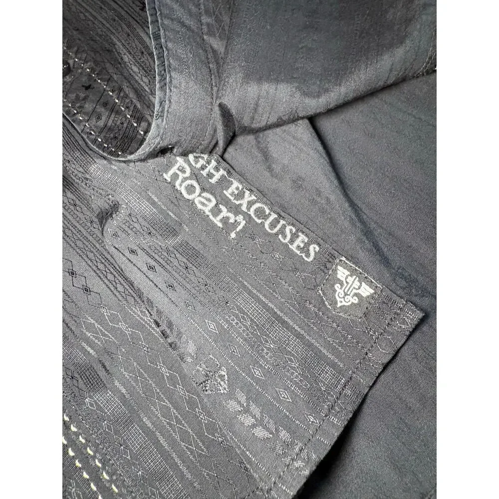Roar Embroidered Wings Button Down Shirt Black Western Y2K Cyber Grunge Rocker⁠